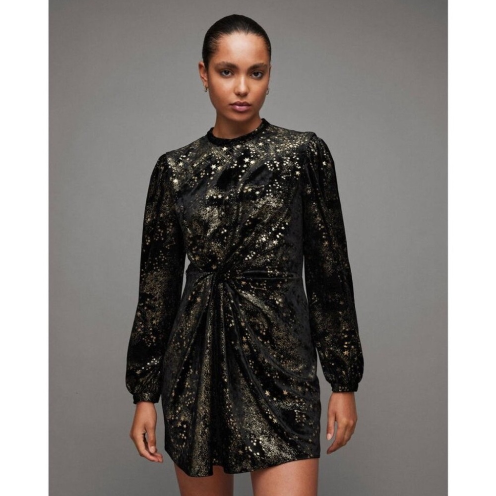 New!‎ All Saints Jemima Star Dress Black Velvet
Metallic Gold Printed Sz 10 $299 - Picture 9 of 14